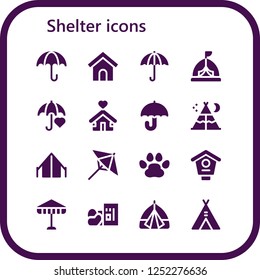Vector icons pack of 16 filled shelter icons. Simple modern icons about  - Umbrella, Dog house, Tent, Shelter, Pawprints, Bird house, Homeless