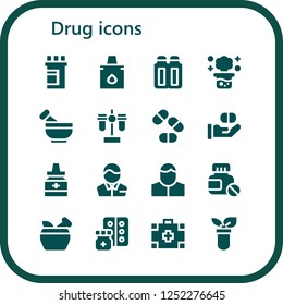 Vector icons pack of 16 filled drug icons. Simple modern icons about  - Medicine, Eyedropper, Suppositories, Chemical reaction, Mortar, Test tube, Pills, Pharmacist, Medical kit