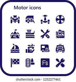 Vector icons pack of 16 filled motor icons. Simple modern icons about  - Race car, Caravan, Scooter, Propeller, Ramp, Boat, Repair, Sailboat, Motorbike, Taxi, Finish flag, Suspension