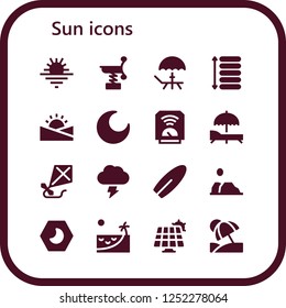 Vector icons pack of 16 filled sun icons. Simple modern icons about  - Sunset, Spring, Deck, Spacing, Night, Heater, Sunbed, Kite, Storm, Surfboard, Desert, Beach, Solar panel