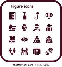 Vector icons pack of 16 filled figure icons. Simple modern icons about  - Death penalty, Hook, Rope, Yoga, Human, Invisible man, Hacker, Human body, Fatigue, Friends, Foosball