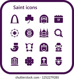 Vector icons pack of 16 filled saint icons. Simple modern icons about  - Gateway arch, Clover, Nun, Saint Patrick, Paris saint germain, Saint paul, Rosary, Devil, Leprechaun, Tombstone