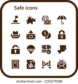 Vector icons pack of 16 filled safe icons. Simple modern icons about  - Buoy, Money box, Economy, Umbrella, Hat, Money, Lock, Unlocked, Parachute, Payment method, Locker, Malware