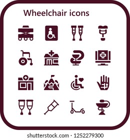Vector icons pack of 16 filled wheelchair icons. Simple modern icons about  - Walker, Wheelchairs, Crutches, Crutch, Wheelchair, Pharmacy, Medical, Ramp, Disability, Radiography