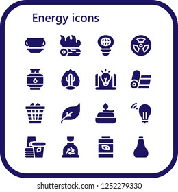 Vector icons pack of 16 filled energy icons. Simple modern icons about  - Cup, Campfire, Bulb, Radiation, Gas, Fire, Idea, Yoga, Waste, Green energy, Burner, Paper cup, Garbage