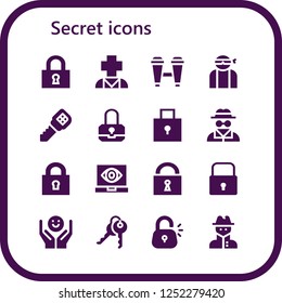 Vector icons pack of 16 filled secret icons. Simple modern icons about  - Lock, Psychology, Binoculars, Hacker, Key, Padlock, Invisible man, Spy, Keys