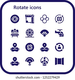 Vector icons pack of 16 filled rotate icons. Simple modern icons about  - Loop, Angle, Sync, Artboard, Ferris wheel, Fan, Helicopter, Virtual reality, Rotate, Windmill, Panoramic