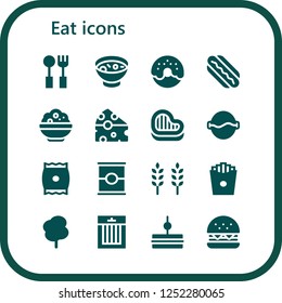 Vector icons pack of 16 filled eat icons. Simple modern icons about  - Cutlery, Soup, Donut, Hotdog, Rice, Cheese, Steak, Snack, Tomato, Wheat, French fries, Cotton candy, Treats