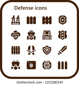 Vector icons pack of 16 filled defense icons. Simple modern icons about  - Fortress, Fence, Shield, Gas mask, Prison, Sword, Antivirus
