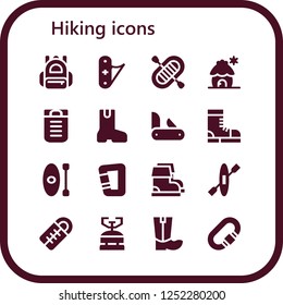 Vector icons pack of 16 filled hiking icons. Simple modern icons about  - Backpack, Jackknife, Rafting, Cabin, Sleeping bag, Boot, Penknife, Boots, Kayak, Carabiner, Camping gas
