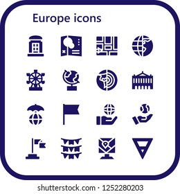 Vector icons pack of 16 filled europe icons. Simple modern icons about  - Telephone booth, Map, Earth globe, London eye, Globe, Planet earth, Palais garnier, World, Flag, Earth