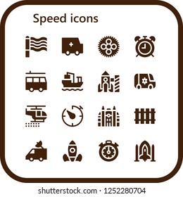 Vector icons pack of 16 filled speed icons. Simple modern icons about  - Rainbow, Ambulance, Wheel, Alarma clock, Van, Cargo ship, Rocket, Helicopter, Timer, Monaco, Railway, Rocket launch