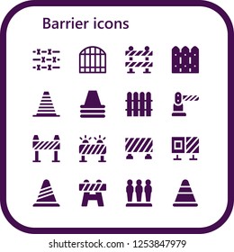 Vector icons pack of 16 filled barrier icons. Simple modern icons about  - Barbed wire, Gate, Barrier, Fence, Cone, Roadblock