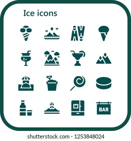 Vector icons pack of 16 filled ice icons. Simple modern icons about  - Ice cream, Mountains, Flippers, Cocktail, Mountain, Bar, Sand bucket, Lollipop, Puck, Vodka, Fridge