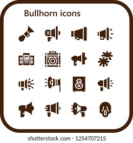 Vector icons pack of 16 filled bullhorn icons. Simple modern icons about  - Horn, Megaphone, Loudspeaker, Amplifier, Pom pom, Scream