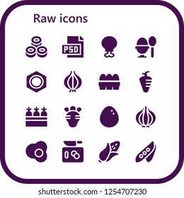 Vector icons pack of 16 filled raw icons. Simple modern icons about  - Sushi, Psd, Chicken leg, Boiled egg, Nut, Onion, Eggs, Carrot, Carrots, Radish, Egg, Chop, Corn, Pea