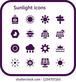 Vector icons pack of 16 filled sunlight icons. Simple modern icons about  - Sun cream, Sun, Panel, Night, Solar panel, Rain, Sunset, Brightness