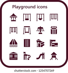 Vector icons pack of 16 filled playground icons. Simple modern icons about  - Swing, Swings, Carousel, Inflatable, Slide, Trampoline, Toboggan, Playground