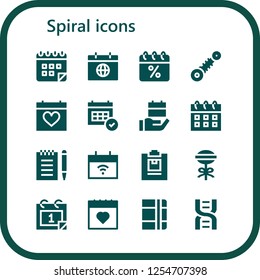 Vector icons pack of 16 filled spiral icons. Simple modern icons about  - Calendar, Suspension, Notepad, Lollipop, Notebook, Dna