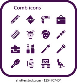 Vector icons pack of 16 filled comb icons. Simple modern icons about  - Comb, Straighten, Hairdryer, Cosmetics, Hair curler, Beehive, Makeup, Perfume, Make up, Barber, Vanity