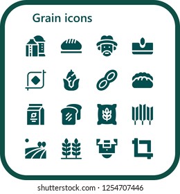 Vector icons pack of 16 filled grain icons. Simple modern icons about  - Silo, Bread, Farmer, Sow, Crop, Corn, Peanut, Beans, Wheat, Field