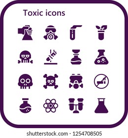 Vector icons pack of 16 filled toxic icons. Simple modern icons about  - Flask, Gas mask, Test tube, Skull, No smoking, Chemistry