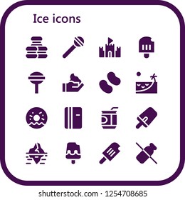 Vector icons pack of 16 filled ice icons. Simple modern icons about  - Macaron, Lollipop, Sand castle, Popsicle, Cream, Candy, Beach, Doughnut, Refrigerator, Soda, Iceberg, Ice cream