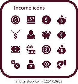 Vector icons pack of 16 filled income icons. Simple modern icons about  - Coin, Money transfer, Piggy bank, Dollar, Salesman, Economy, Coins