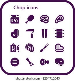 Vector icons pack of 16 filled chop icons. Simple modern icons about  - Chop, Meat, Scythe, Chopsticks, Ribs, Cutting board, Steak