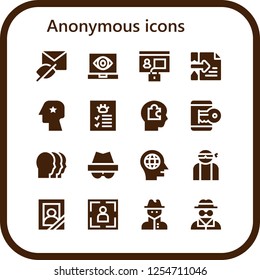 Vector icons pack of 16 filled anonymous icons. Simple modern icons about  - Hidden, Spy, Profile, Hacker, Head, Heads, Portrait, Invisible man