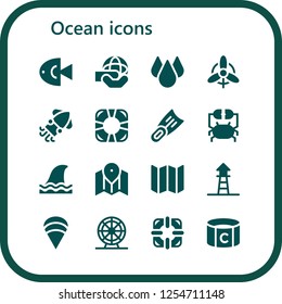 Vector icons pack of 16 filled ocean icons. Simple modern icons about  - Fish, World, Drop, Wind, Squid, Lifesaver, Fins, Crab, Shark, Map, Lifeguard, Clam, Ferris wheel, Captain