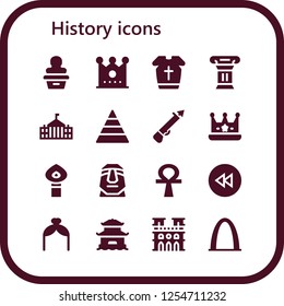 Vector icons pack of 16 filled history icons. Simple modern icons about  - Statue, Crown, Armour, Column, White house, Pyramid, Spear, Torch, Moai, Ankh, Backward, Arch, Pagoda