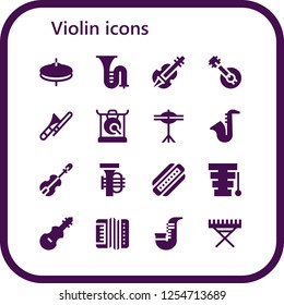 Vector icons pack of 16 filled violin icons. Simple modern icons about  - Cymbals, Trombone, Violin, Banjo, Gong, Saxophone, Tuba, Harmonica, Xylophone, Fiddle, Accordion, Electric piano