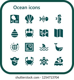 Vector icons pack of 16 filled ocean icons. Simple modern icons about  - Map, Seashell, Fish bone, Seahorse, Drop, Crab, World, Shark, Whale, Pirate, Turtle, Sailing