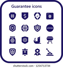 Vector Icons Pack Of 16 Filled Guarantee Icons. Simple Modern Icons About  - Shield, Protection, Antivirus, Lifetime, Charcoal, Seal, Banner, Quality, Control