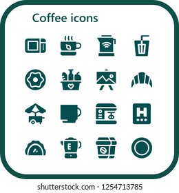 Vector icons pack of 16 filled coffee icons. Simple modern icons about  - Microwave oven, Tea, Kettle, Drink, Donut, Food, Drawing, Croissant, Food cart, Cup, Mixer, Hotel, Pastry