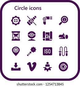 Vector icons pack of 16 filled circle icons. Simple modern icons about  - Settings, No alcohol, Hairdryer, Information, Hourglass, Webcam, Scheme, Wood, Pin, Weapon, Iso, Jumping rope