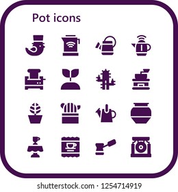 Vector icons pack of 16 filled pot icons. Simple modern icons about  - Saint Patrick, Kettle, Watering can, Toaster, Growing plant, Cactus, Coffee grinder, Pot, Pottery, Latte