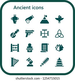 Vector icons pack of 16 filled ancient icons. Simple modern icons about  - Amphora, Cannon, Pyramid, Totem, Veena, Gun, Gnosticism, Triquetra, Abacus, Statue, Papyrus, Harp, Pharaoh