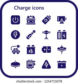 Vector icons pack of 16 filled charge icons. Simple modern icons about  - Power, Battery, Empty battery, Electricity, Electric, Cymbals, Electric car, Electrical, Energy