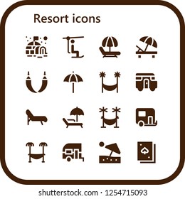 Vector icons pack of 16 filled resort icons. Simple modern icons about  - Igloo, Chairlift, Hammock, Sunbed, Beach umbrella, Caravan, Deck chair, Deck