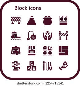 Vector icons pack of 16 filled block icons. Simple modern icons about  - Barrier, Toy, Gold, Chocolate, Bungalow, Cube, Floor, Wing chun, Abc