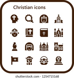 Vector icons pack of 16 filled christian icons. Simple modern icons about  - Faith, Rosary, Nun, Church, Priest, Bible, Bishop, Saint paul, Christian, Jesus, Easter egg, Cemetery