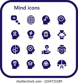 Vector icons pack of 16 filled mind icons. Simple modern icons about  - Thinking, Brain, Mind, Creativity, Memorize, Manipulator, Mental disorder, Freedom, Buddha, Intelligence