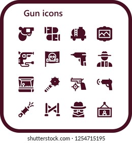 Vector icons pack of 16 filled gun icons. Simple modern icons about  - Pistol, Bullets, Tank, Painting, Revolver, Pirate, Caulk gun, Detective, Arcade game, Weapon, Gun, Water gun