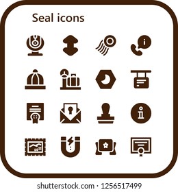 Vector icons pack of 16 filled seal icons. Simple modern icons about  - Webcam, Scroll, Stamp, Information, Baby hat, Scale, Night, Agreement, Certificate, Content, Banner, Diploma