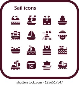 Vector icons pack of 16 filled sail icons. Simple modern icons about  - Jet ski, Ship, Shipping, Sailboat, Ocean, Sailor, Boat, Sailing, Captain, Cargo ship