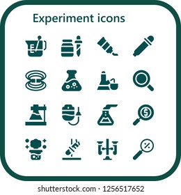 Vector icons pack of 16 filled experiment icons. Simple modern icons about  - Beaker, Pipette, Tube, Eye dropper, Magnetic field, Flask, Magnifying glass, Dropper, Chemical reaction