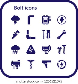 Vector icons pack of 16 filled bolt icons. Simple modern icons about  - Storm, Allen keys, Electrical, Flash, Wrench, Pipeline, Screw, Energy, Saddle