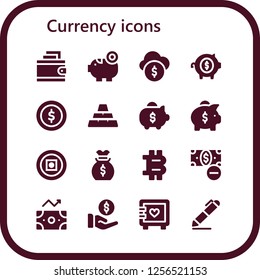 Vector icons pack of 16 filled currency icons. Simple modern icons about  - Wallet, Piggy bank, Funds, Coin, Ingots, Money, Money bag, Bitcoin, Profit, Payment, Strongbox, Signing